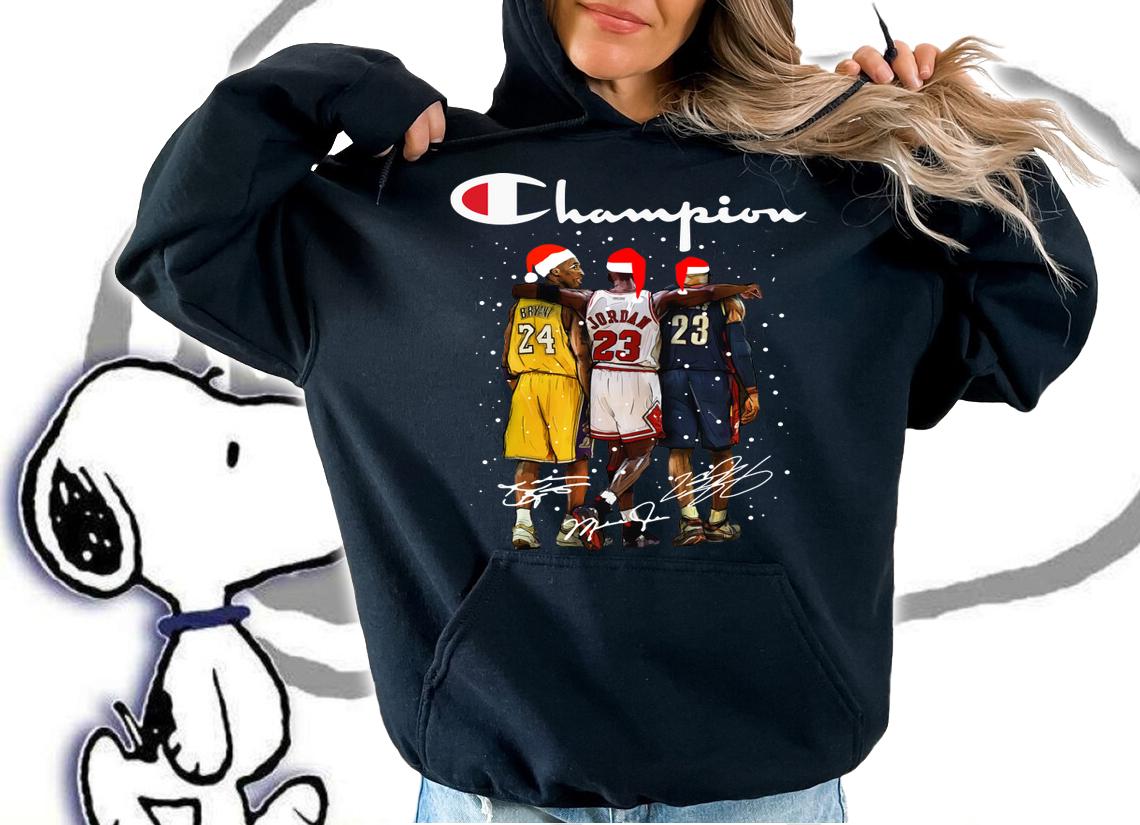 Santa LeBron James Kobe Bryant Michael Jordan Champion Christmas t-shirt hoodie