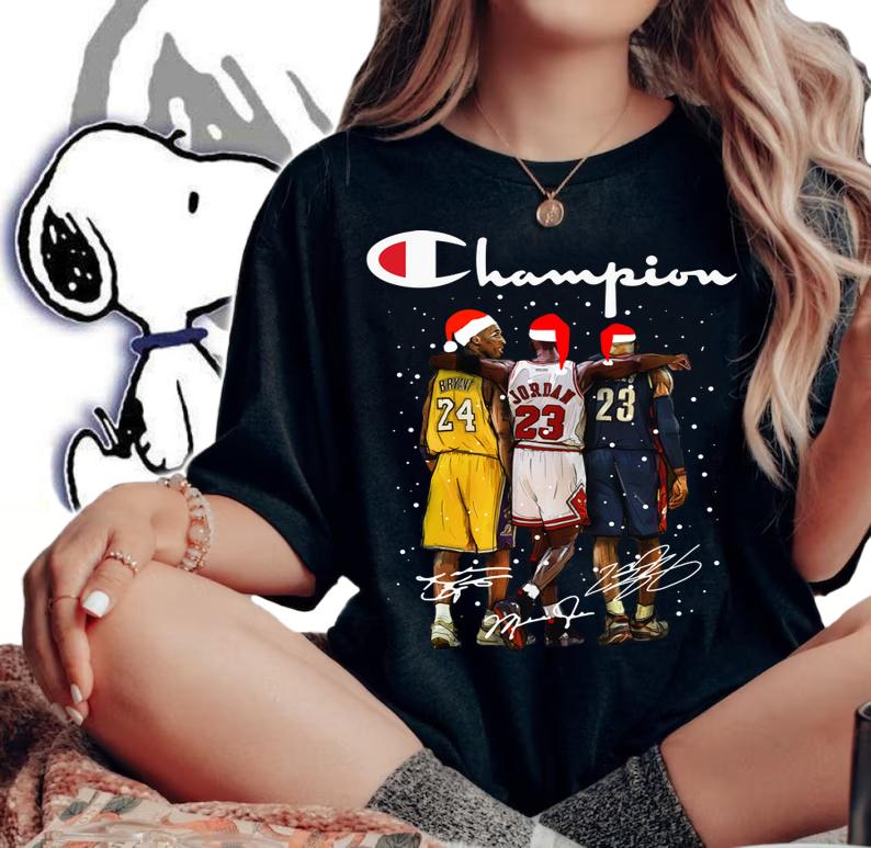 Santa LeBron James Kobe Bryant Michael Jordan Champion Christmas t-shirt woman shirt
