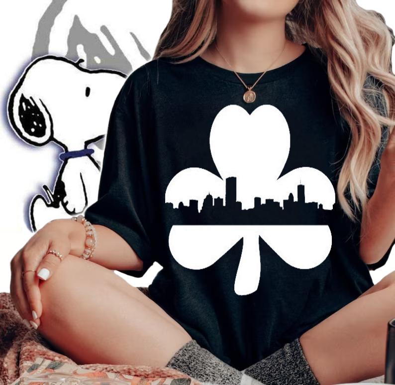 Boston Skyline On A Shamrock St Patricks Day T-Shirt t-shirt woman shirt