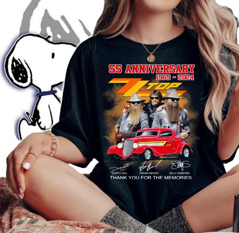 55 anniversary 1969 2024 ZZ Top band signatures thank you for the memories t-shirt woman shirt