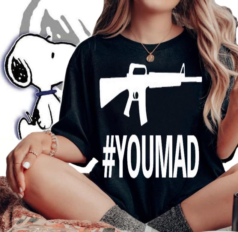 Machine Gun #YOUMAD (White on Black) T-Shirt