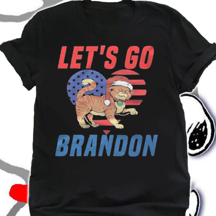 New Design let's Go Brandon Cat Xmas Santa Heart Flag Red Blue USA Flag T-Shirt shirt