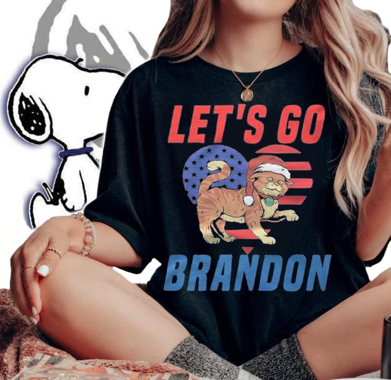 New Design let's Go Brandon Cat Xmas Santa Heart Flag Red Blue USA Flag T-Shirt woman shirt