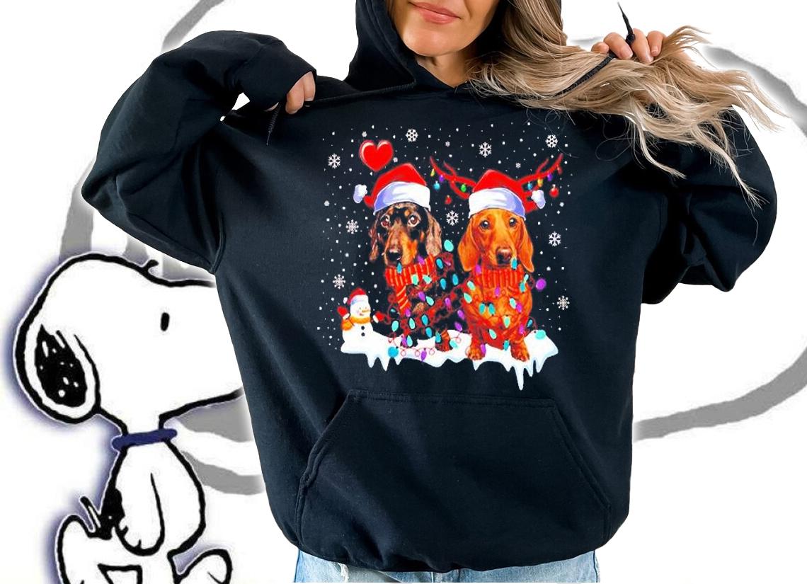 Dachshund Santa hat light Christmas shirt hoodie