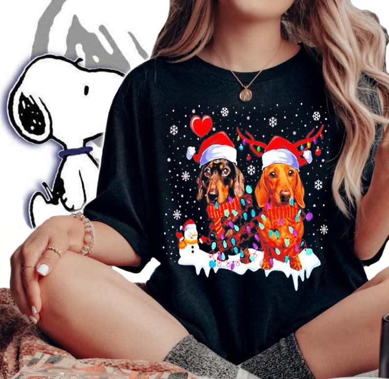Dachshund Santa hat light Christmas shirt woman shirt
