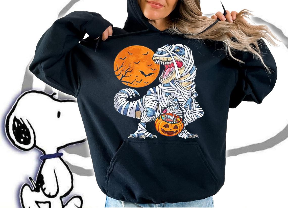 Halloween Dinosaur T-Rex mummy Pumpkin candy T-shirt
