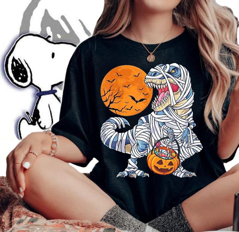 Halloween Dinosaur T-Rex mummy Pumpkin candy T-shirt