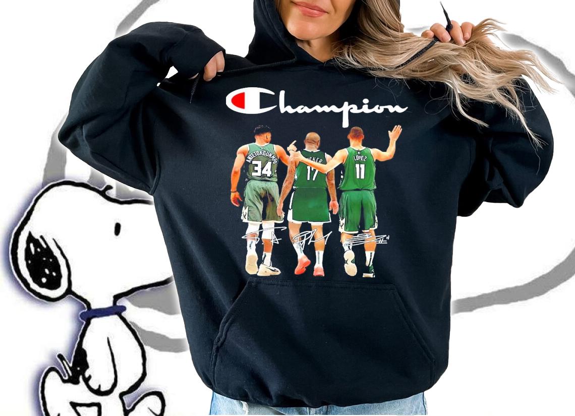 Champion Milwaukee Bucks Antetokounmpo P. J. Tucker and Lopez signatures shirt