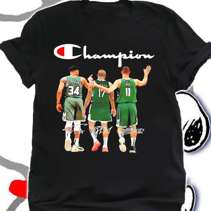 Champion Milwaukee Bucks Antetokounmpo P. J. Tucker and Lopez signatures shirt
