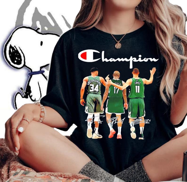 Champion Milwaukee Bucks Antetokounmpo P. J. Tucker and Lopez signatures shirt