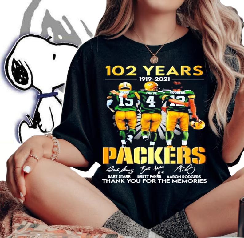 102 years 1919-2021 Green Bay Packers Bart Starr Brett Favre Aaron Rodgers signature shirt