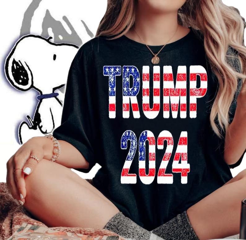Trump 2024 USA Flag Lettering T-Shirt woman shirt